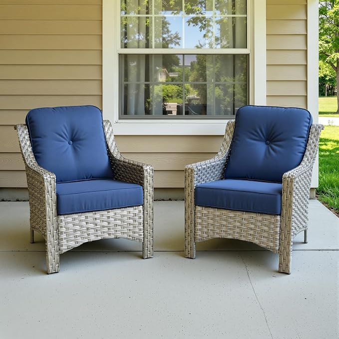 2 Piece Patio Furniture Set, Outdoor Wicker Chairs Set of 2 with Thick Cushion, Heavy Duty High Back Comfortable Chair for Small Balcony Porch Garden, Navy Blue