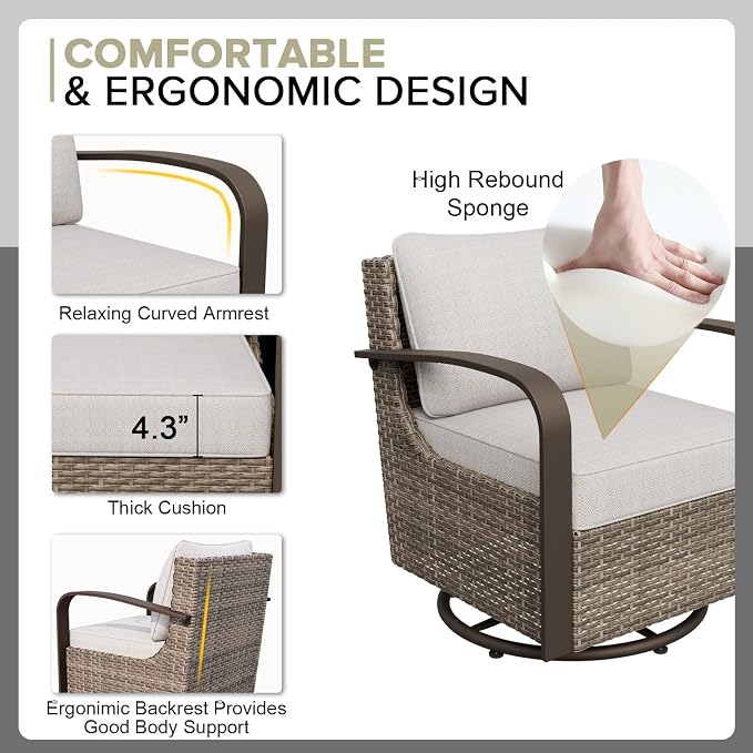 COOS BAY Aurora Terrace 6 Piece Outdoor Sectional Furniture Set, Half Moon Rattan Wicker Conversation Set with Swivel Chairs, 4 Seat Sofa & Coffee Table for Patio Garden Yard, Beige/Beige