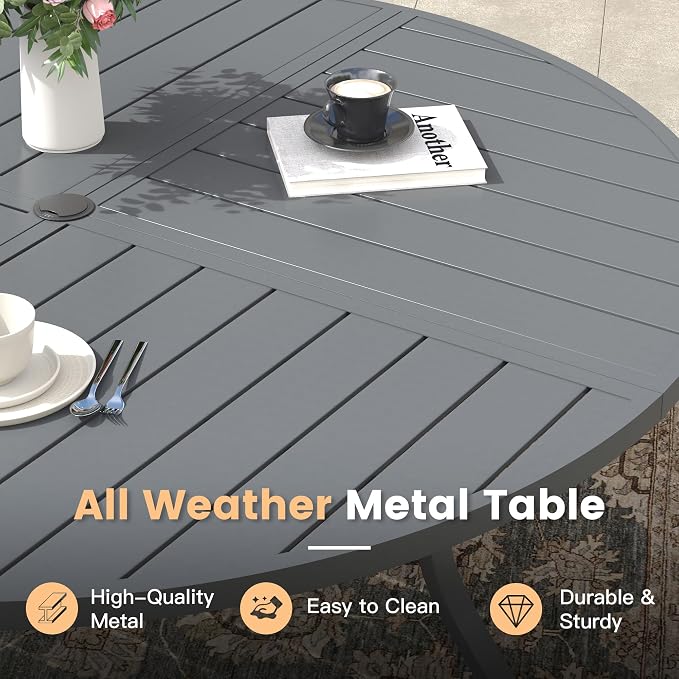 Outdoor Dining Set for 8, 60.1" Outdoor Dining Table with Umbrella Hole and Padded Textilene Patio Swivel Chairs, 9 Pieces Patio Table and Chairs Set for Garden Backyard, Grey and Dark Grey