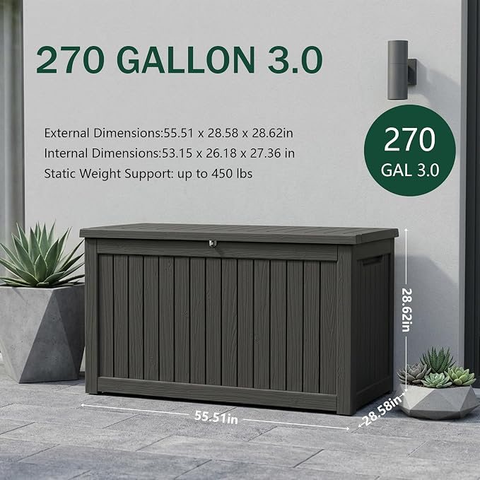 Outdoor Storage Box, 270 Gallon Waterproof Deck Box [Upgraded 3.0], Super-Sized Gas-Spring Resin Trunk for Large Seat Pillows, Heavy-Duty Lockable Backyard Storage Sofa, Garden Lawn, Black