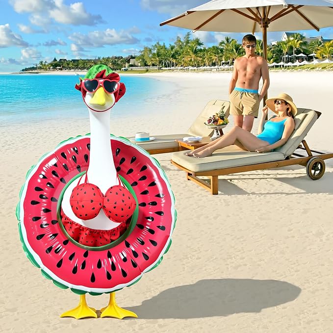 2 Set Hawaiian Porch Goose Outfits,23''Porch Goose Summer Outfits,Bikini Lawn Goose Costume,Yard Goose Clothes Skirt Hat Glasses Floral Wreath Swimming Ring for Outdoor Garden Yard Decor