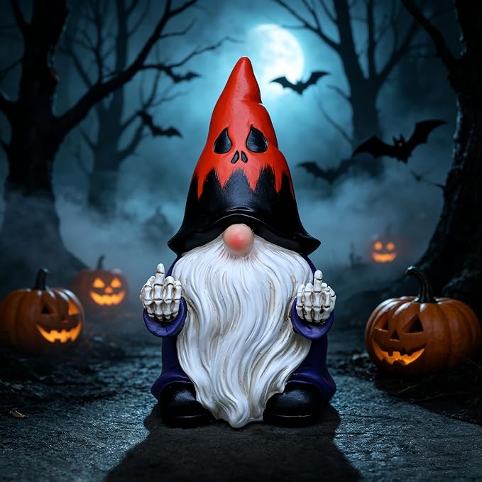 Halloween Middle Finger Gnome Statue with Skeleton Hands - Spooky Ghost Face Hat Resin Figurine 7.8in, Weather Resistant Indoor Outdoor Decor for Patio Yard Halloween Party, Novelty Edgy Gift