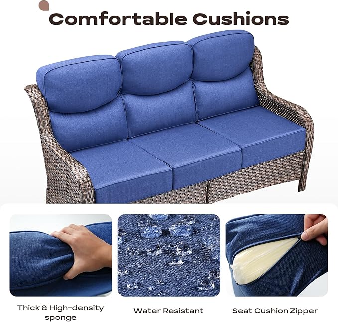 Rilyson Wicker Outdoor Patio Furniture Set - 6 Piece Patio Conversation Sets with Swivel Rocker Chairs, Ottomans, Sofa and Coffee Table, 6 inch Cushions, Deep Seating, for Porch Deck Brown/Blue