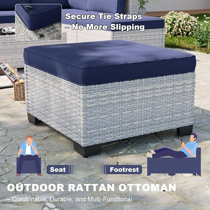12-Piece Patio Furniture Set, Outdoor Patio Furniture with Swivel Chairs Set, Ottomans, Modular Patio Sofa, Dual-Strand Wicker Rattan, Rust-Resistant Frame, Navy Blue
