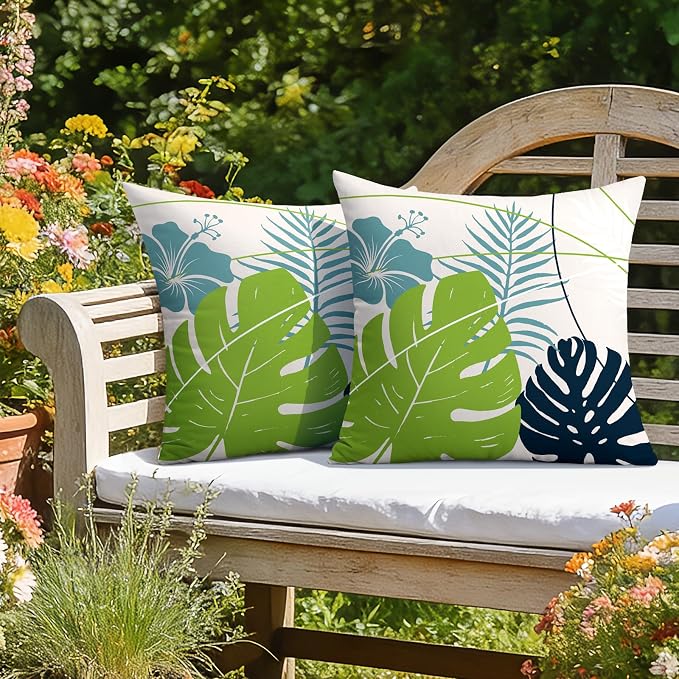 OTOSTAR Outdoor Waterproof Throw Pillow Covers 20x20 Inch Set of 2 Double-Sided Light Green Blue Tropical Leaf and Flower Spring Summer Decorative Pillow Cases for Patio Funiture Garden Balcony Couch