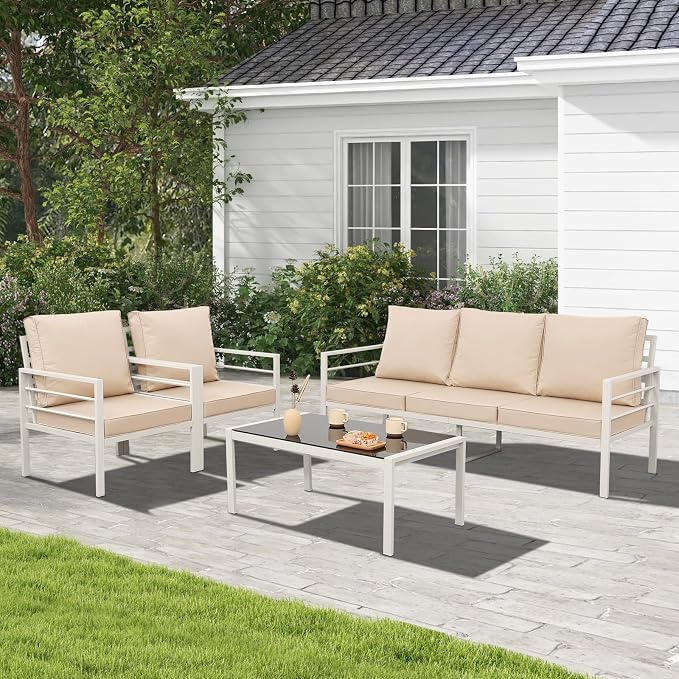 Oasishine 4-Piece Aluminum Patio Furniture Set White Outdoor Metal Frame Sofa Set with High Backrest Seating Glass Coffee Table All-Weather with Non-Slip Cushions and Waterproof Covers, Khaki