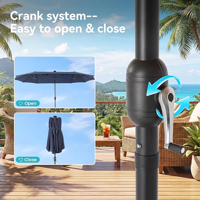 COSIEST 13FT Patio Umbrella with Solar Lights, Outdoor Double-Sided Table Umbrella,Large Rectangular Market Umbrella w Crank Handle for Garden, Pool, Deck Shade, Navy Blue