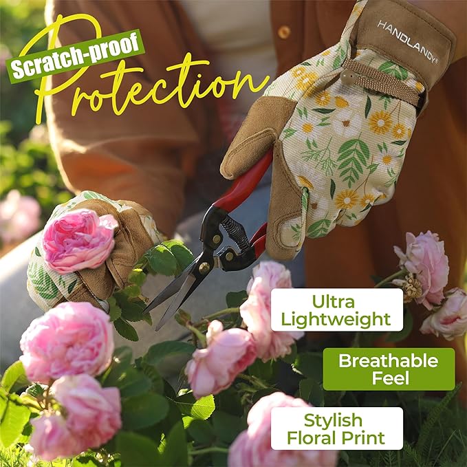 HANDLANDY Gardening Gloves for Women, Leather Garden Glove, Gardener Gift | Breathable Floral Ladies Leather Garden Yard Gloves, for Trimming, Weeding, Digging, Planting, Pruning