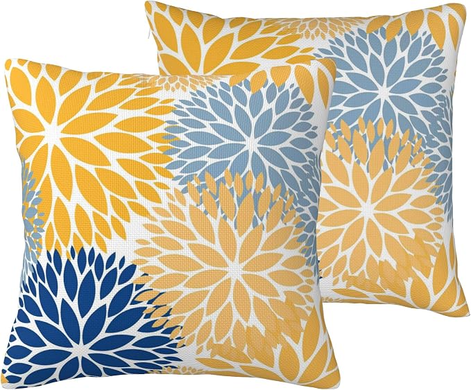 Yellow Throw Pillow Covers 18x18 Inch Set of 2, Floral Waterproof Outdoor Pillow Covers, Boho Farmhouse Decorative Cushion Covers for Spring Summer Patio Furniture