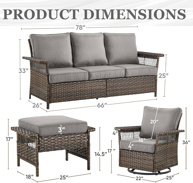 Patio Furniture Set 2 Wicker Swivel Glider Chairs 2 PE Rattan Ottomans with Patio PE Rattan Sofa Brown Wicker Grey Cushions Patio Conversation Set 5pcs for Garden Balcony Backyard