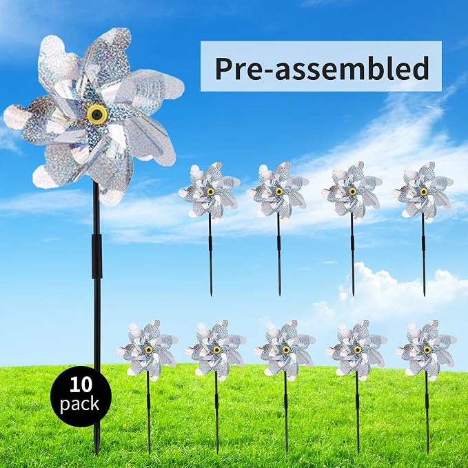 BATTIFE Preassembled Reflective Pinwheels for Yard & Garden, Silver, 10Pack | Sparkly Reflective Material Spinner, Spins Best in Steady Wind, Animal-Deterrent Results Vary by Placement and Conditions