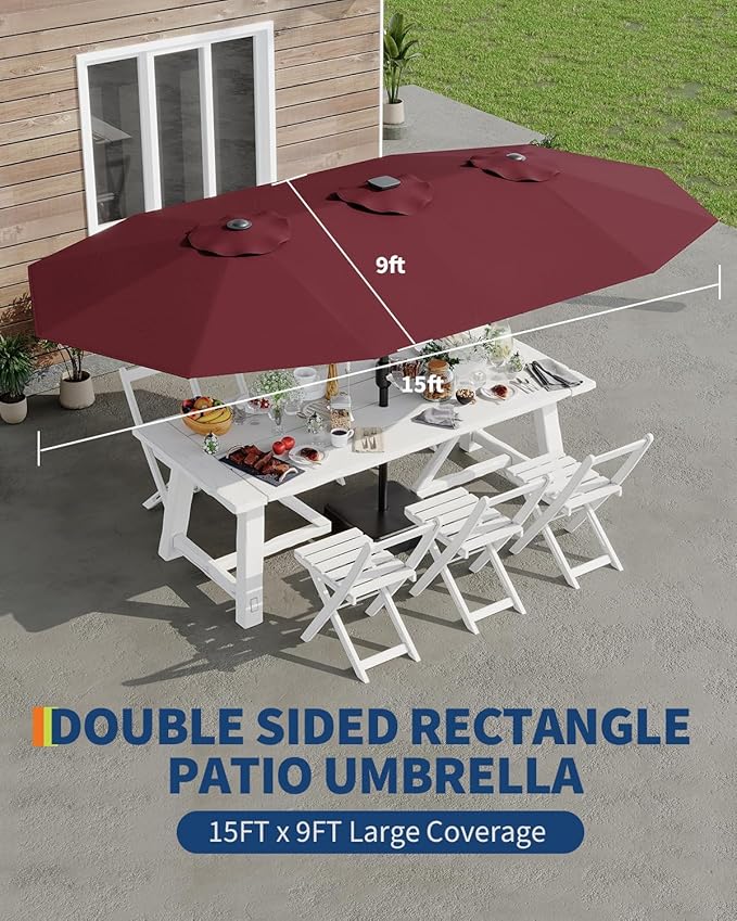 15FT Outdoor Patio Umbrella,Double-Sided Rectangle Market Umbrella with 36 LED Solar Lights & Base,UV50+ Weather-Resistant Oversized Outdoor Umbrella,Crank Lift,3-Way Shade for Pool,Garden,Backyard