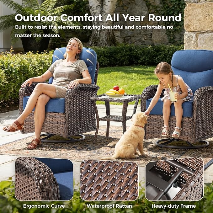 Luxury Patio Furniture Set with Fire Pit Table, Outdoor Furniture Set with High Back Swivel Chairs & 6-inch Thick Cushions, 7 PCS Fire Pit Patio Set for Yard, Deck, Poolside, Brown/Blue