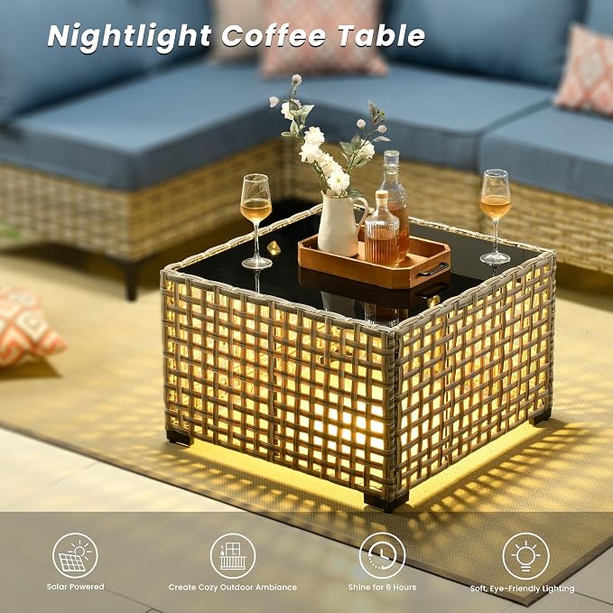 Outdoor Patio Furniture Sets, 8 PCS Patio Conversation Set Outside Rattan Sectional Sofa with Wicker Rocking Chairs Coffee Table Soft Cushion Fit Backyard Porch Garden Poolside Balcony