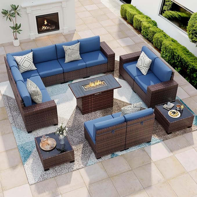 13 Piece Patio Furniture Set with Fire Pit Table, Wide Armrest Outdoor Sectional Sofa Brown Wicker Rattan Conversation Sets, 4'' Thickened Cushion Navy Blue