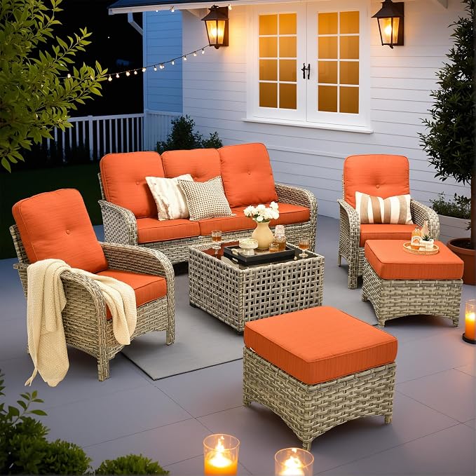 6-Piece Outdoor Patio Furniture Set with Glowing Coffee Table,All Weather Wicker Rattan Patio Seating Sofa and Chair Set with Ottomans,Outdoor Conversation Sets for Porch Deck Yard,Red