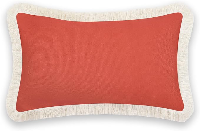 Hofdeco Premium Fall Coastal Patio Indoor Outdoor Lumbar Pillow Cover Only, 12"x20" Water Repellent for Backyard, Couch, Solid Rust Orange Fringe