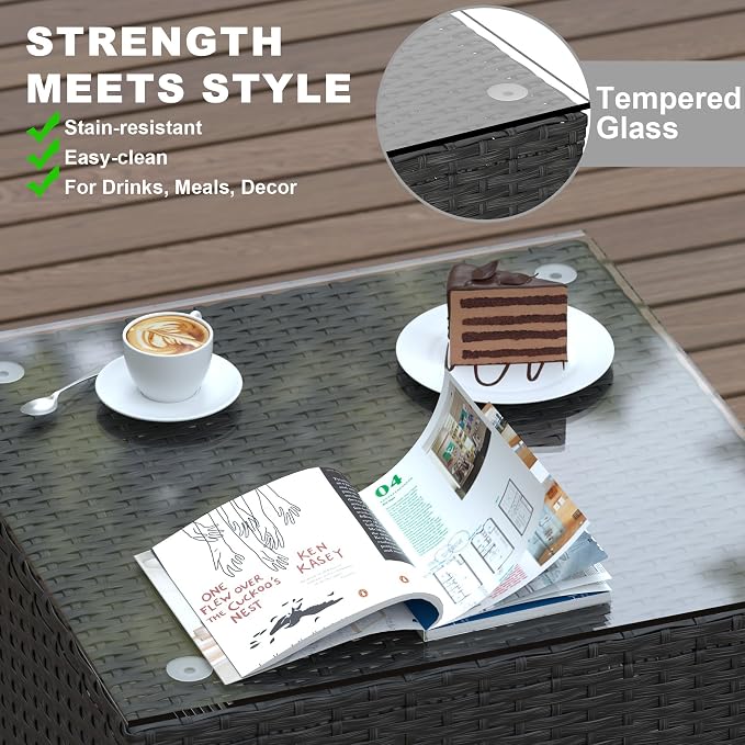 5 Piece Patio Furniture Sets, Outdoor Patio Set Sectional Sofa, All-Weather PE Rattan Couch with Cushion, Glass Table for Gatherings, Parties, Sports Viewing (Khaki, 6-Piece Fire Pit Table Set)