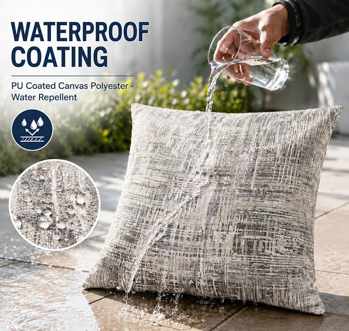 Outdoor Pillow Covers Waterproof Throw Pillow Covers, Set of 2 Jacquard Texture Water Resistant Fade Resistant Decorative Cushion Covers for Garden Patio Bench Couch Sofa, 18x18 Inch (Gray Grid)