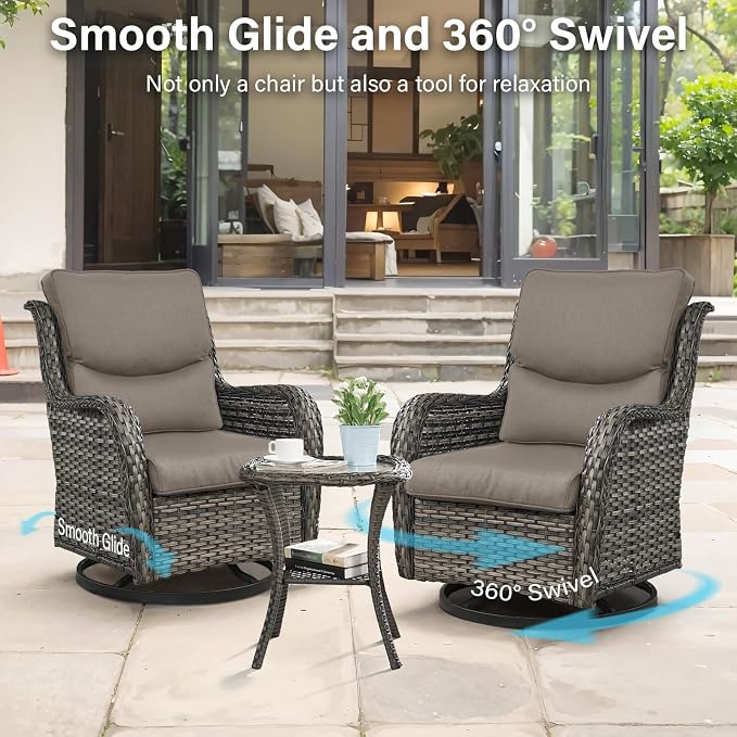 Swivel Patio Chairs Set of 2 with 5" Thick Cushion - Wicker Outdoor Swivel Rocker Patio Chairs, High Back Comfortable Outdoor Glider Chair for Balcony, Porch, Deck, Poolside - Gray-Gray