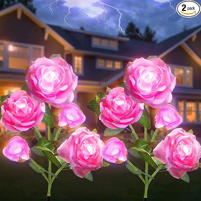 Solar Flower Lights Garden Decorations Outdoor Waterproof [Updated] 2 Packs 10 Pink Roses Solar Decorative Stake Lights for Patio Pathway Yard Lawn Decor Gifts