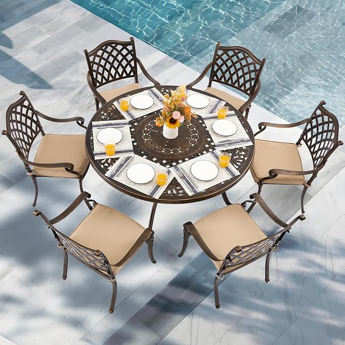 7-Piece Cast Aluminum Outdoor Table and Chairs, Classic Vintage Patio Dining Set for 6 Include 54.5" Round Dining Table and 6 Chairs with Removable Cushion and Umbrella Hole