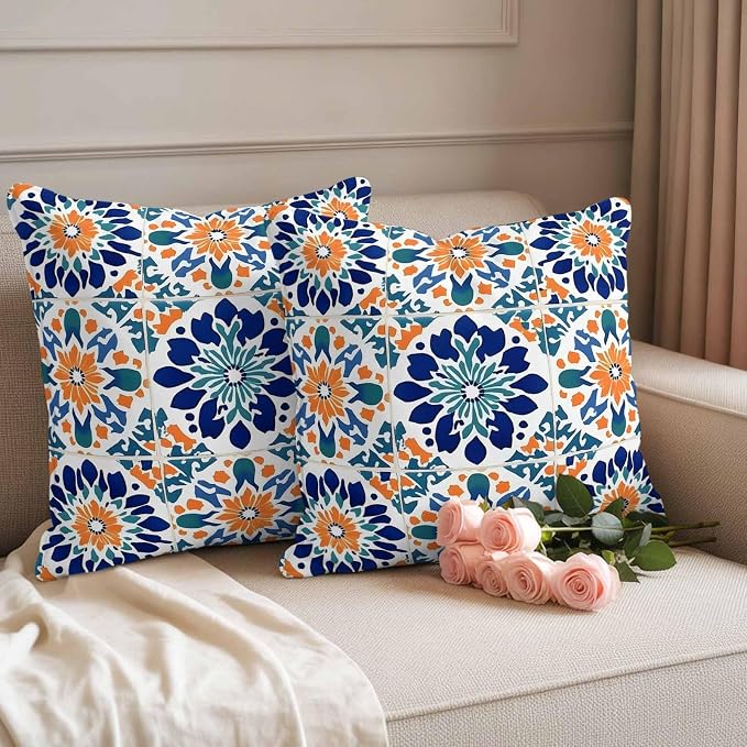 Retro Abstract Geometric Outdoor Pillow Covers Set of 2 Orange Blue Floral Texture Waterproof Throw Pillow Cover Decorative Cushion Cases for Patio Porch Garden 16X16 Inch