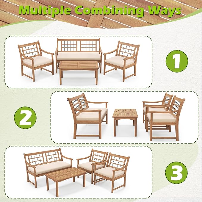 RELAX4LIFE Wood Patio Furniture Set - 4-Piece Outdoor Furniture w/Seat Cushions & Coffee Table, Loveseat Sofa Set for Balcony Porch Deck Poolside Backyard, Acacia Wood Conversation Set (Off White)