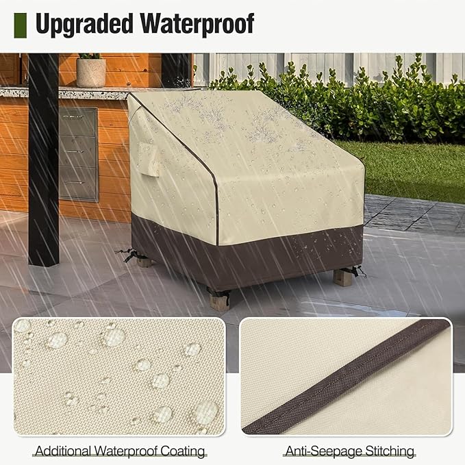 MR. COVER Patio Chair Covers Waterproof, Outdoor Furniture Covers for Rocking Chair, Heavy Duty Anti UV Chair Cover, Fits up to 32"W x 42"D x 35"H, Air Vent and Handles Included, Brown & Khaki, 2 Pack