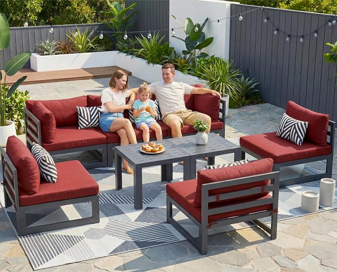 NICESOUL 8 Piece Oversized Modern Aluminum Patio Furniture Set, All Weather Rust Proof Modular Sectional Sofa with Side Table, 500 lbs Heavy Duty Comfortable Outdoor Couch for Backyard Deck, Burgundy