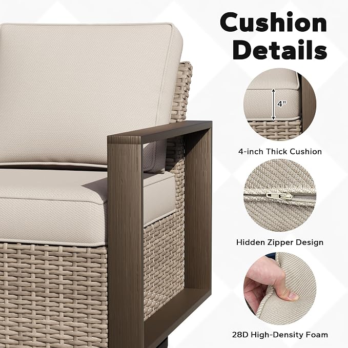Outdoor Patio Swivel Rocker Chairs, 7 Pieces Wicker Furniture Set, 2 Swivel Rocking Chairs, 2 Sofa 2 Ottoman and 1 Table, Wide Armrest, Thick Cushions and Deep Seating for Garden, Backyard, Porch