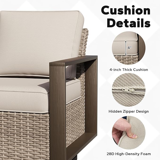 Outdoor Patio Swivel Rocker Chairs, 6 Pieces Wicker Furniture Set, 2 Swivel Rocking Chairs, 2 Sofa and 2 Ottoman, Metal Wide Armrest, Thick Cushions and Deep Seating for Garden, Backyard, Porch, Deck