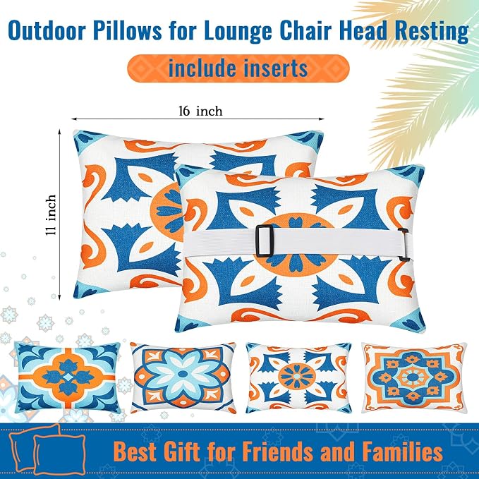 Juexica 4 Pack Chaise Lounge Headrest Pillow, Decorative Outdoor Patio Neck Headrest Pillow with Adjustable Elastic Strap & Insert, Waterproof for Pool Recliner Beach Hammock Chair (Orange, Floral)