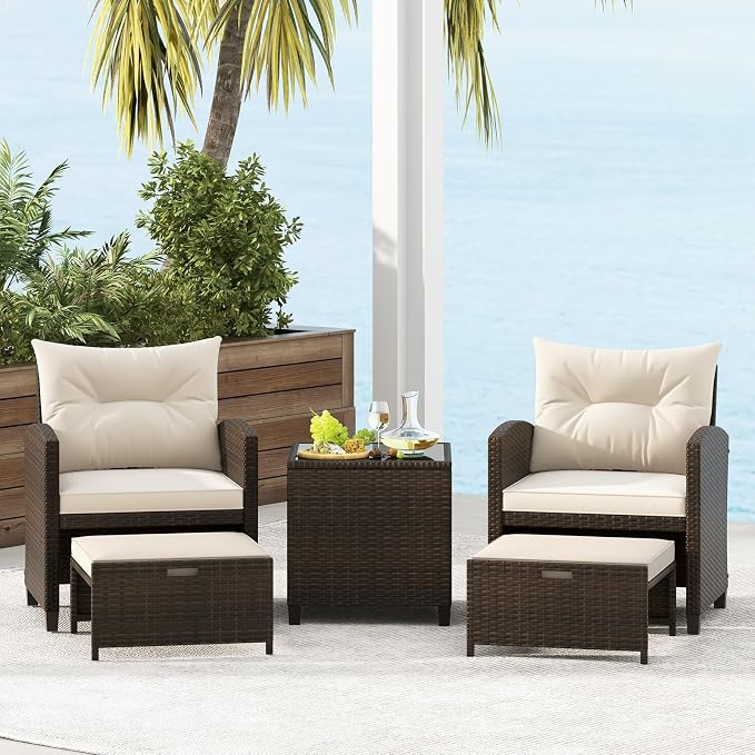 HAPPYGRILL 5-Piece Outdoor PE Rattan Conversation Set, Wicker Patio Furniture Set with Cushion, Ottoman & Coffee Table for Backyard Garden Poolside Lawn Deck Porch (Mix Brown & Off White)