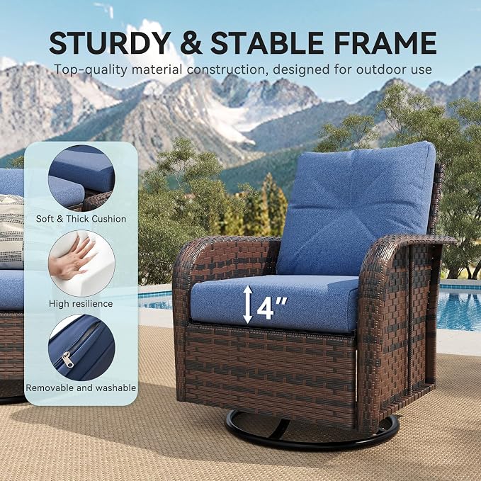 LazySunsets 12 Piece Outdoor Patio Furniture Set with 44'' Fire Pit Table, Wicker Rattan Outdoor Furniture with High Back Swivel Rocker Chairs, Outdoor Sofa Set with Thick Cushion & Ottoman, Navy Blue