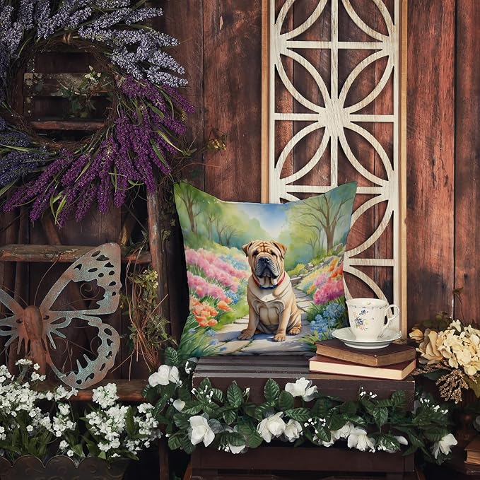 Caroline's Treasures Shar Pei Spring Path Throw Pillow Machine Washable, Indoor Outdoor Decorative Pillow for Couch, Bed or Patio, 14Hx14W