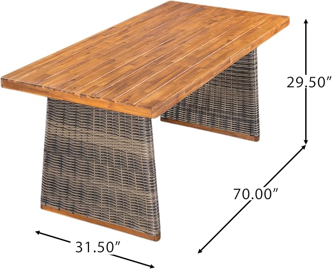 Merax 3-Piece Outdoor Dining Set Acacia Wood, 1 Table + 2 Benches, Slatted Design Tabletop & Woven Rattan Legs, Weather-Resistant Rectangle Patio Dining Set, Grey
