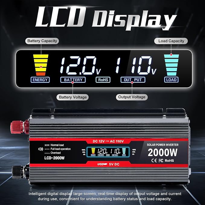 1200Watt Car Power Inverter 12V DC to 110V AC,1200W Inverter,Power Inverters for Vehicles with LCD Display and AC Outlets 2A USB Charging Port (Black)