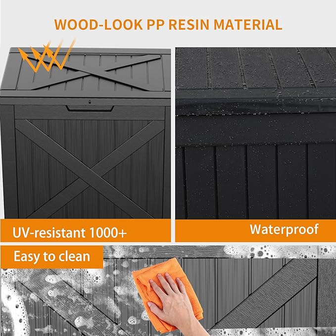 Waterproof Outdoor Storage Box, 32 Gallon Lockable Deck Box, UV-Resistant Outside Storage Bin With Hydraulic Lid For Patio Furniture, Cushion Organizer, Garden Tools, Pool Accessories, Black