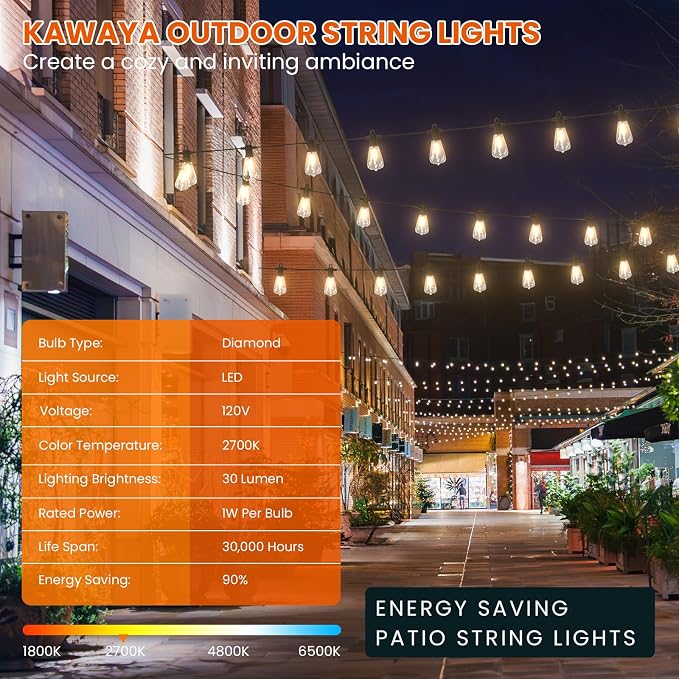 Kawaya 200FT LED Outdoor String Lights, Dimmable Waterproof Shatterproof Vintage Patio Lights with 100+4 Bulbs, Commercial Grade for Backyard, Garden, Bistro, Cafe & Party