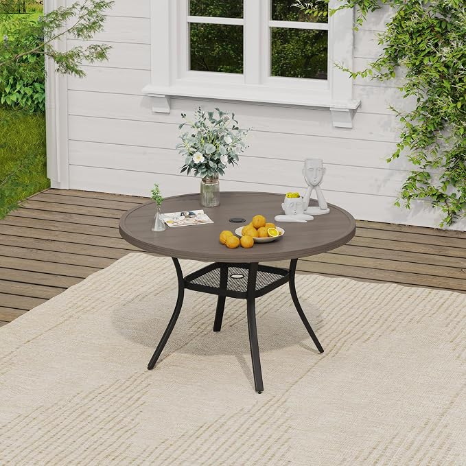 VICLLAX Round Patio Dining Set for 4, Metal Slatted Patio Table with Umbrella Hole and Stackable Patio Chairs for Deck Lawn Garden, Grey Fabric and Antique Grey Tabletop