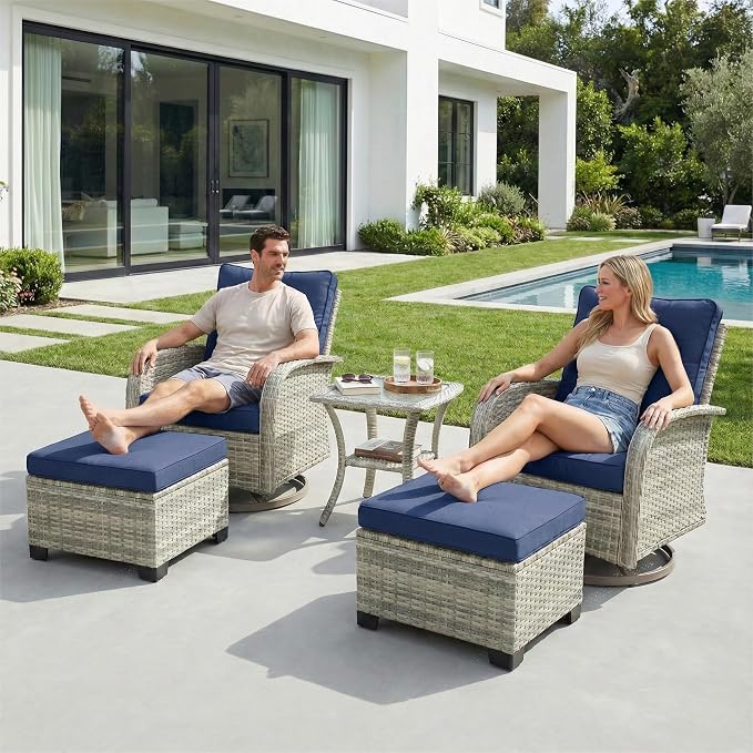 5-Piece Small Patio Furniture Set, Outdoor Swivel Rocking Chairs Set with Ottomans, Patio Bistro Set for Balcony, Deck, Porch, Navy Blue