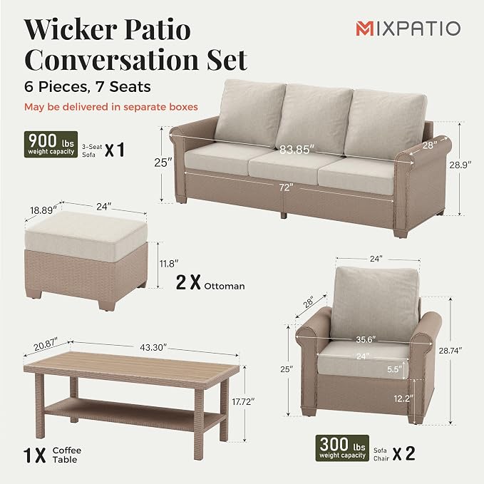 MIXPATIO Patio Furniture Set 6 pcs, Wicker Outdoor Patio Furniture, 3-Seat Sofa, 2 Single Sofas, 2 Ottomans and Coffee Table, Rattan Outdoor Conversation Set for Backyard Deck, Beige