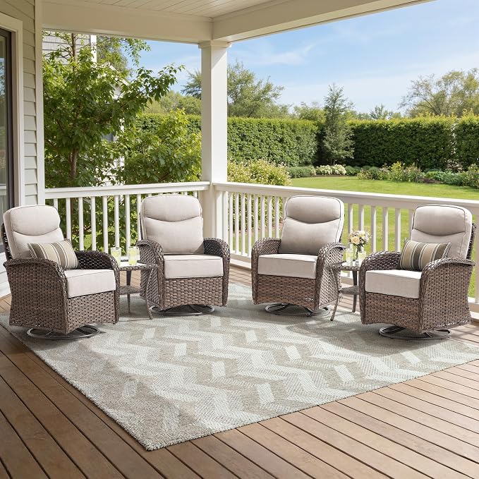 Luxury Wicker Patio Furniture Set with 6-Inch Thick Cushions, 6 Pieces Outdoor Swivel Rocker Patio Chairs Set of 4 with Rattan Side Table, Ooutdoor Patio Conversation Sets for Garden Porch Deck, Beige