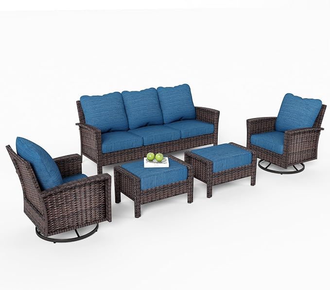 MIXPATIO 5-Piece Wicker Patio Furniture Set with Swivel Chairs, High Back Outdoor Furniture with 5.5-inch Thick Cushion and Ottoman, All-Weather Wicker Patio Conversation Set for Deck Lawn, Navy Blue