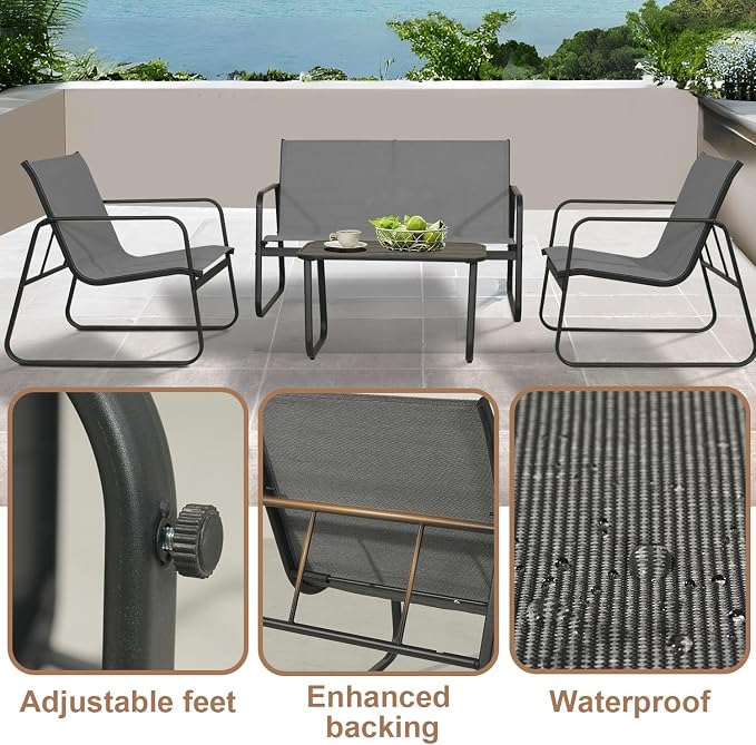 4-Piece Patio Furniture Set, Outdoor Textilene Conversation Set with Chairs & Loveseat, with Coffee Table for Garden, Balcony, Poolside, Backyard, Water-Resistant & UV-Resistant（Grey）