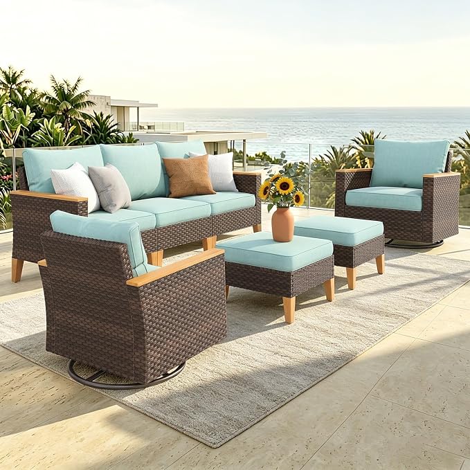 PHI VILLA Wicker Patio Furniture Set with Swivel Chairs, 7 Pieces Outdoor Conversations Set with Ottoman, Oversized Rattan Patio Sectional Sofa for Backyard, Aqua Blue Cushion