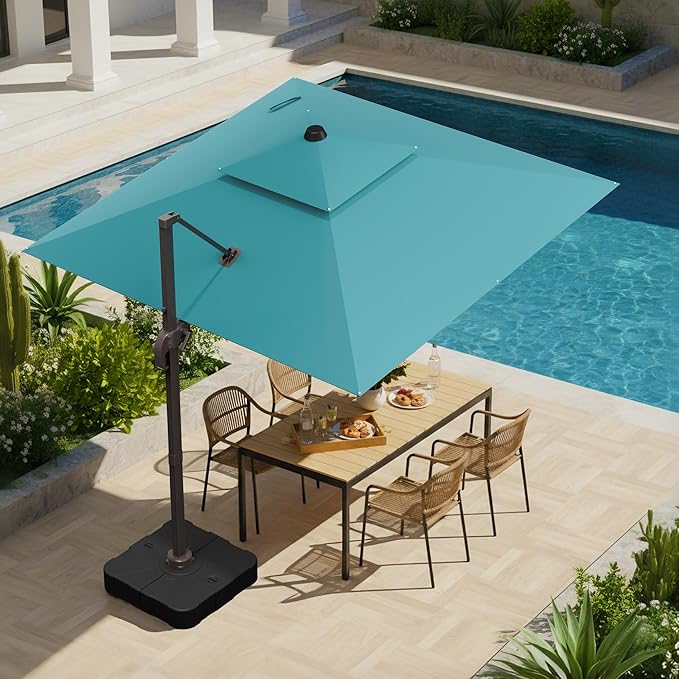 10x10 FT Patio Umbrella with Base, Large Cantilever Double Top Heavy Duty Offset Umbrellas with 360° Rotation, Outdoor shade for Garden Deck Pool, Turquoise