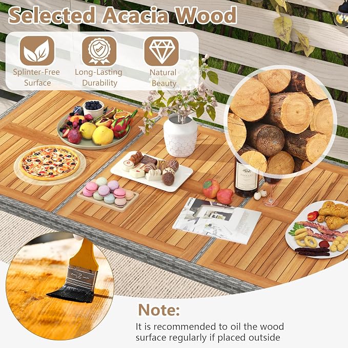 HAPPYGRILL 9 Pieces Patio Dining Set for 8, Outdoor Acacia Wood Table and Rattan Chairs with 2" Umbrella Hole, Cushions, Wicker Outdoor Dining Furniture Set for Backyard, Garden, Deck (Navy)