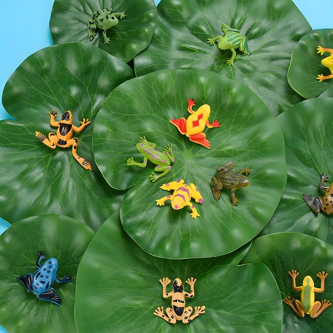 32 Packs Mini Plastic Frog Decor and Artificial Lily Pads, | 12 Colorful Plastic Frogs & 20 Floating Lily Pads, Artificial Pond Plants for Garden Pool Decor Party Favor Classroom